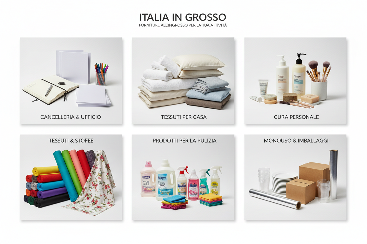 Prodotti all'ingrosso di Cancellria, Prodotti tessili per la casa, Prodotti per la persona, Tessuti, Prodotti per la pulizia, Prodotti monouso 